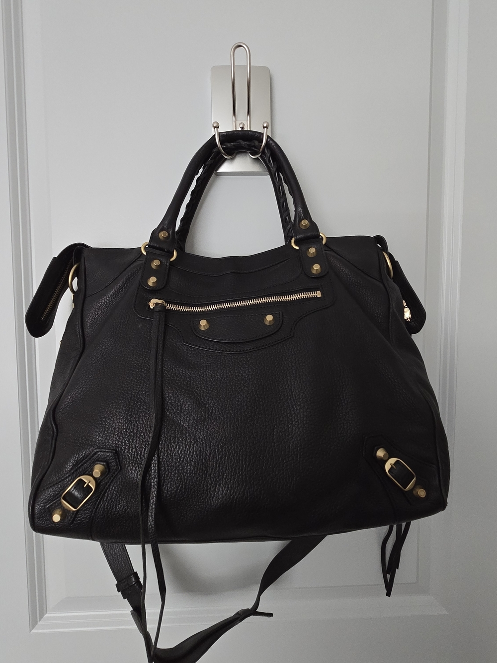 Balenciaga Black Leather Shoulder Bag with Gold Hardware